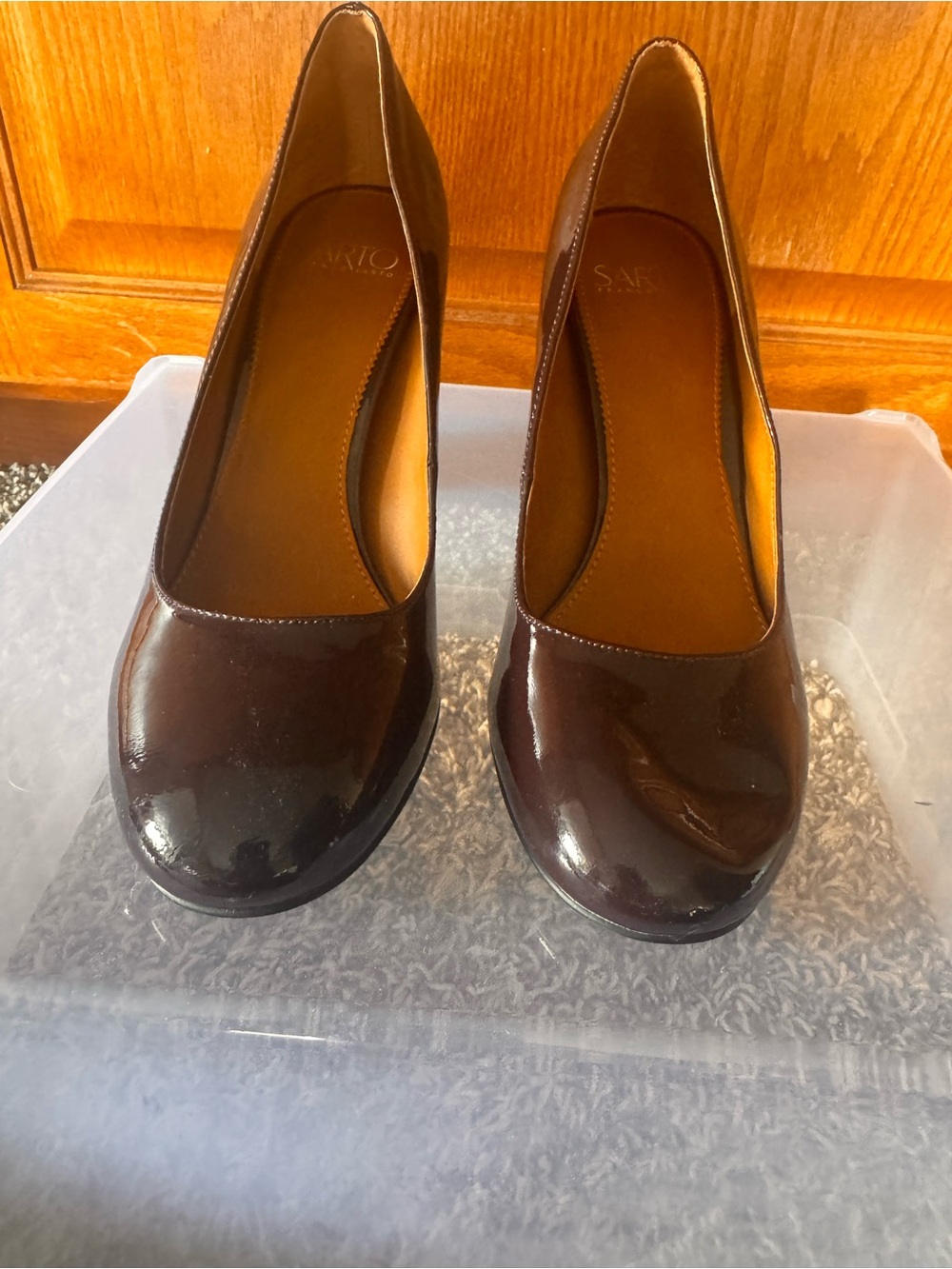 women’s dark burgundy, shiny material heels